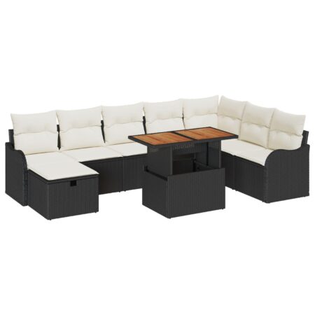Havesofa-sæt i sort polyrattan - 9 dele med justerbart bord
