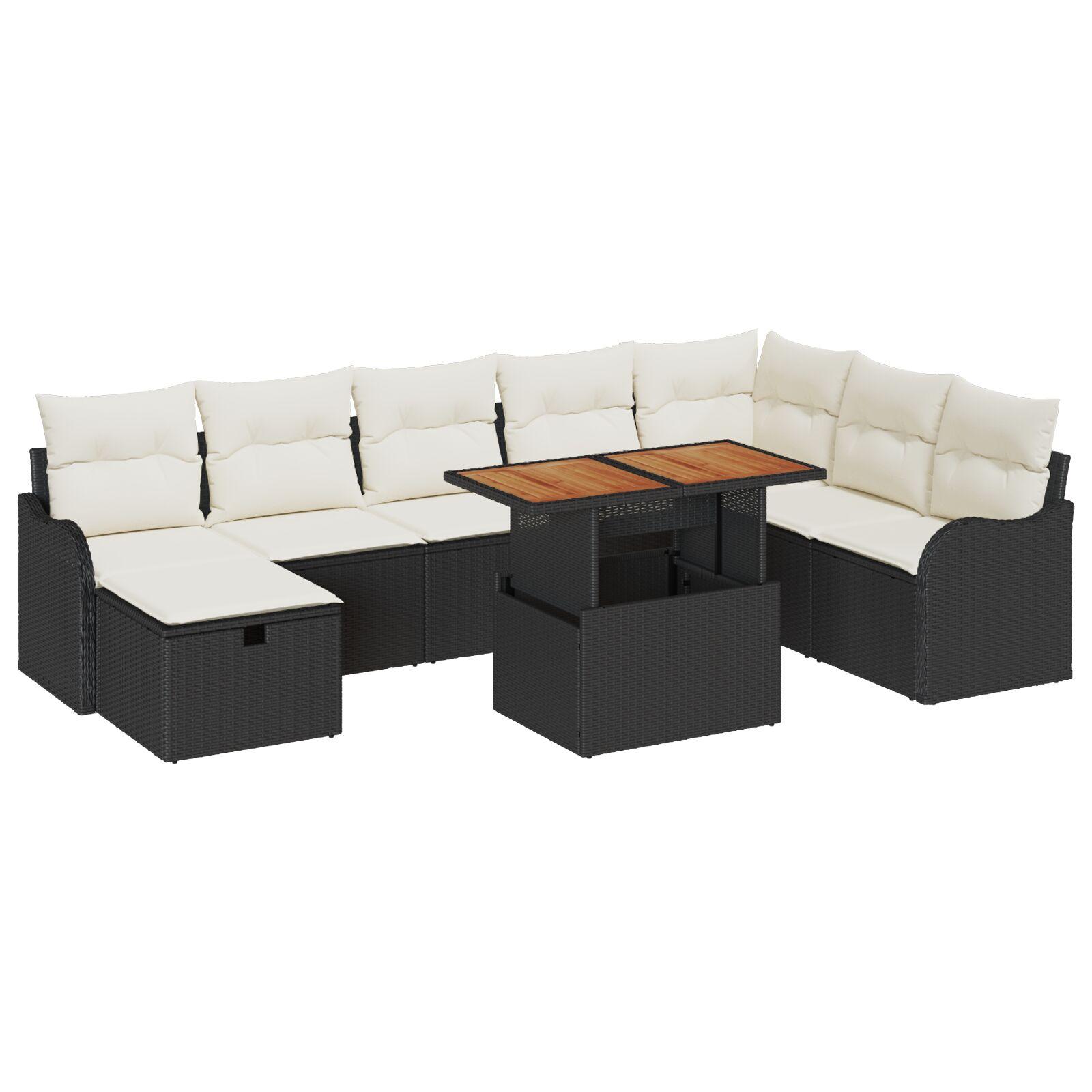 Havesofa-sæt i sort polyrattan - 9 dele med justerbart bord Havesofa-sæt i sort polyrattan - 9 dele med justerbart bord