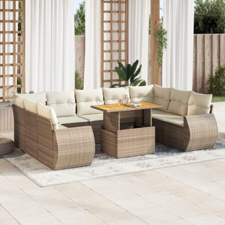 Havesofasæt 10 dele i polyrattan med hynder og bord med opbevaring - beige