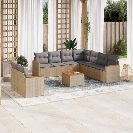 Havesofasæt 10 dele med hynder og bord i polyrattan beige