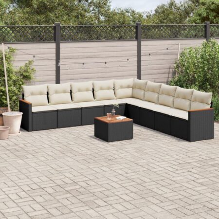 Havesofasæt 10 dele med hynder og bord i polyrattan - sort/creme