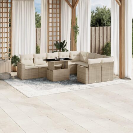 Havesofasæt 10 dele med hynder og hæve-sænke bord i polyrattan beige