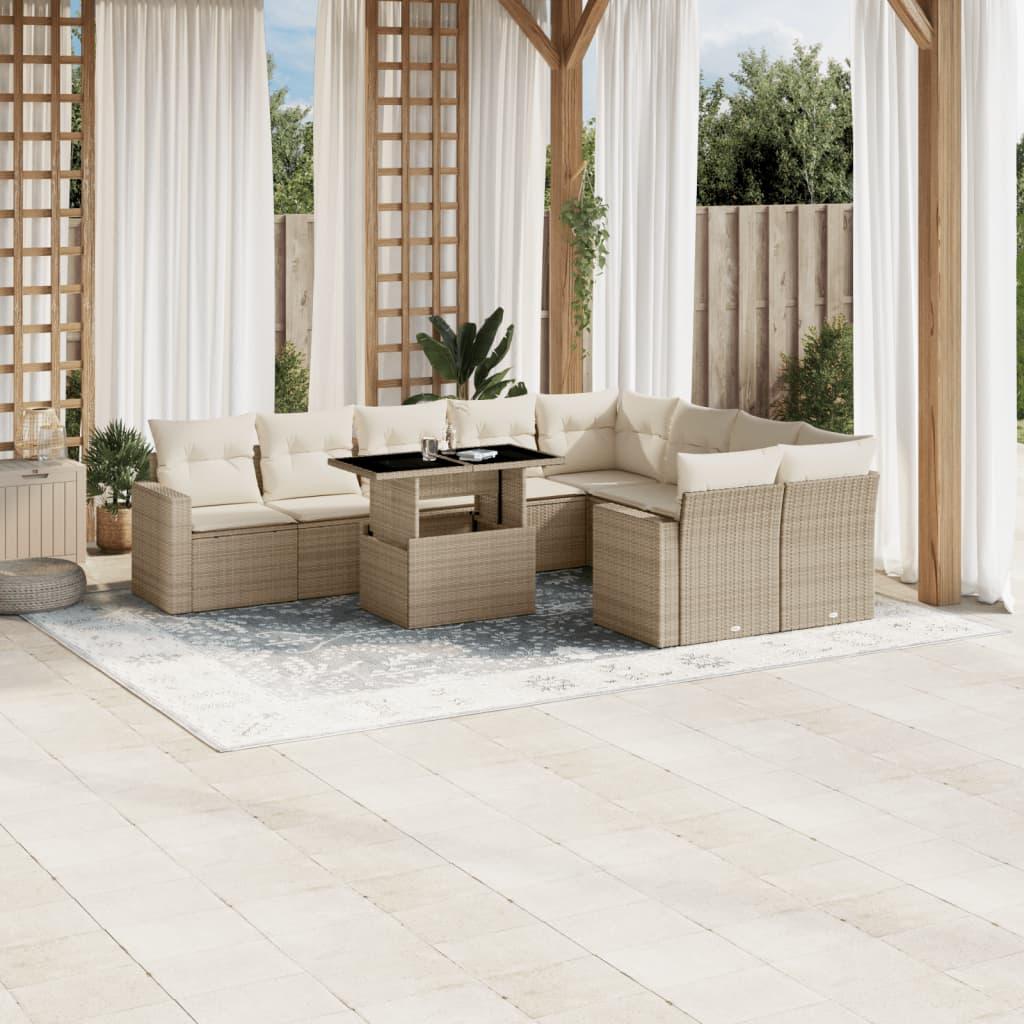 Havesofasæt 10 dele med hynder og hæve-sænke bord i polyrattan beige Havesofasæt 10 dele med hynder og hæve-sænke bord i polyrattan beige