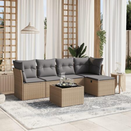 Havesofasæt 6 dele i polyrattan med hynder og bord - beige