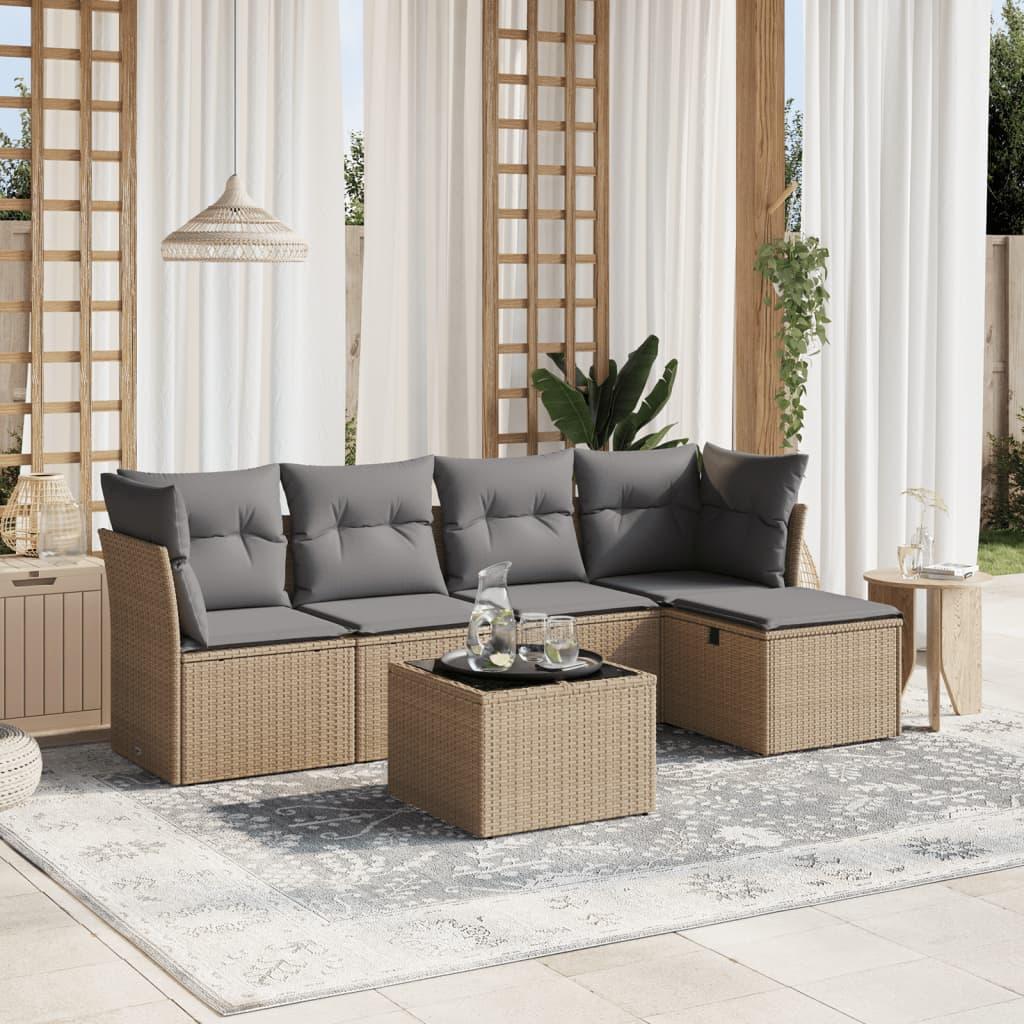 Havesofasæt 6 dele i polyrattan med hynder og bord - beige Havesofasæt 6 dele i polyrattan med hynder og bord - beige