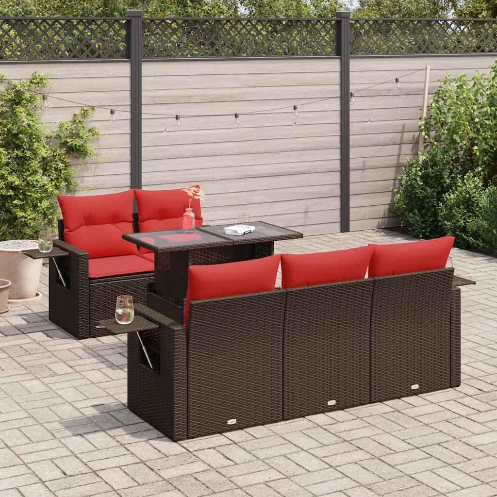 Havesofasæt 6 dele med hynder i polyrattan - brun, med bord og opbevaring Havesofasæt 6 dele med hynder i polyrattan - brun, med bord og opbevaring