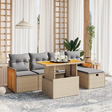 Havesofasæt 6 dele med hynder og hæve-sænke bord i polyrattan - beige