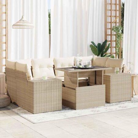 Havesofasæt 7 dele i beige polyrattan med hynder og bord