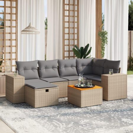 Havesofasæt 7 dele i polyrattan med hynder og bord - beige/lysegrå