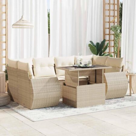 Havesofasæt 7 dele med hynder og bord i polyrattan - beige