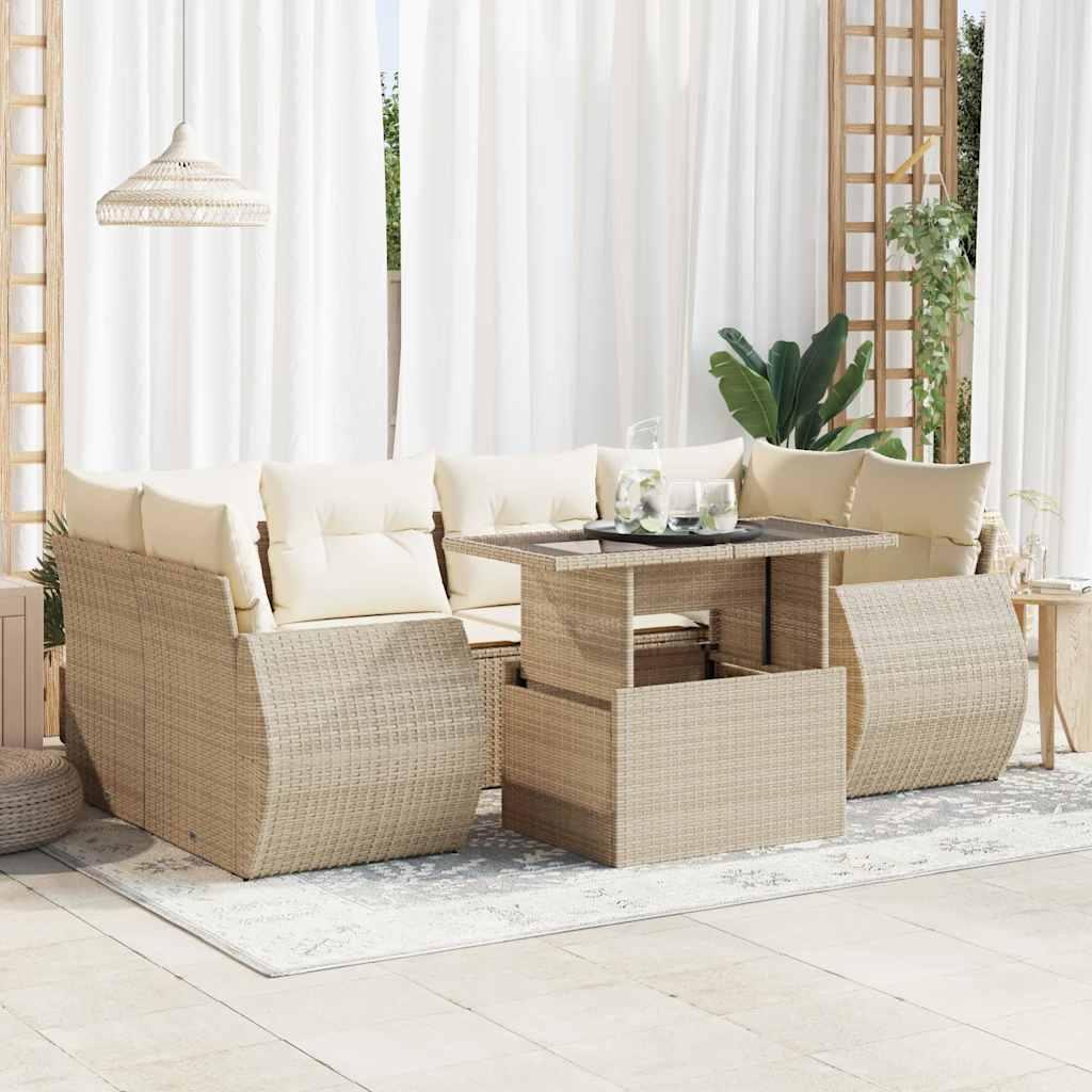 Havesofasæt 7 dele med hynder og bord i polyrattan - beige Havesofasæt 7 dele med hynder og bord i polyrattan - beige