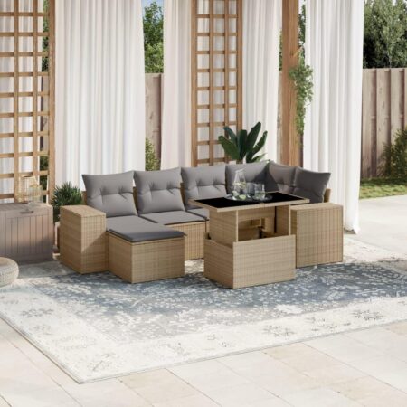 Havesofasæt 7 dele med hynder og hæve-sænke bord i polyrattan - beige