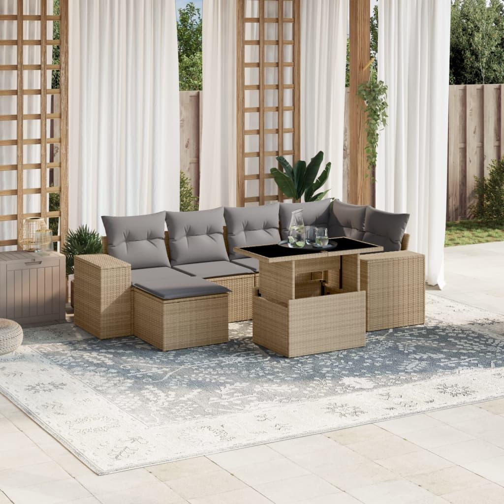 Havesofasæt 7 dele med hynder og hæve-sænke bord i polyrattan - beige Havesofasæt 7 dele med hynder og hæve-sænke bord i polyrattan - beige