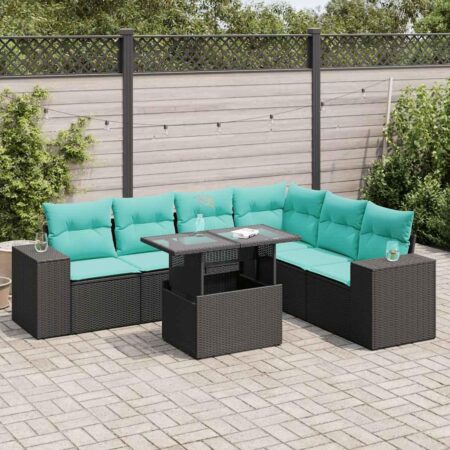 Havesofasæt 7 dele med hynder, opbevaring og bord i sort polyrattan