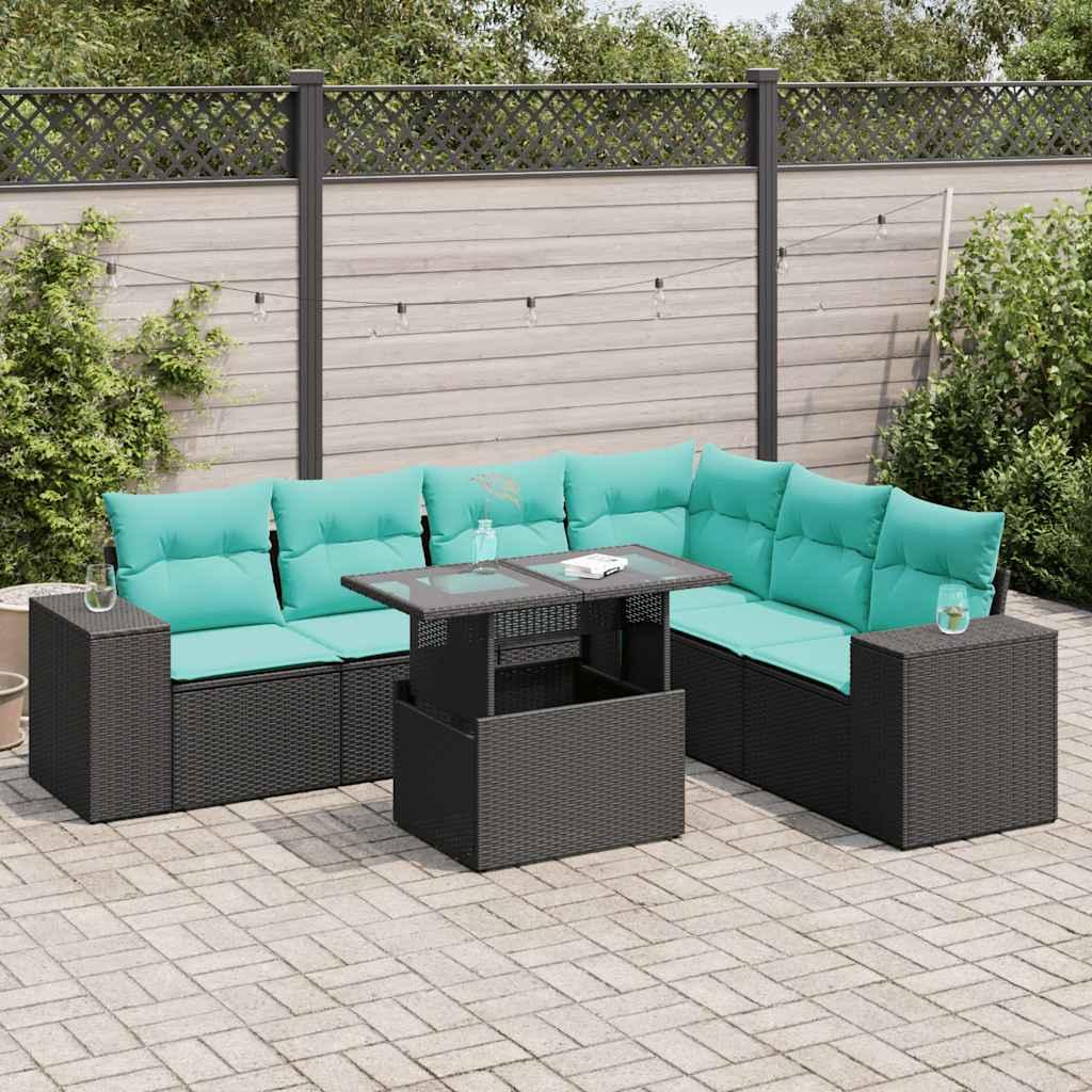 Havesofasæt 7 dele med hynder, opbevaring og bord i sort polyrattan Havesofasæt 7 dele med hynder, opbevaring og bord i sort polyrattan