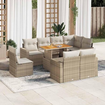 Havesofasæt 9 dele med hynder og bord i polyrattan - beige