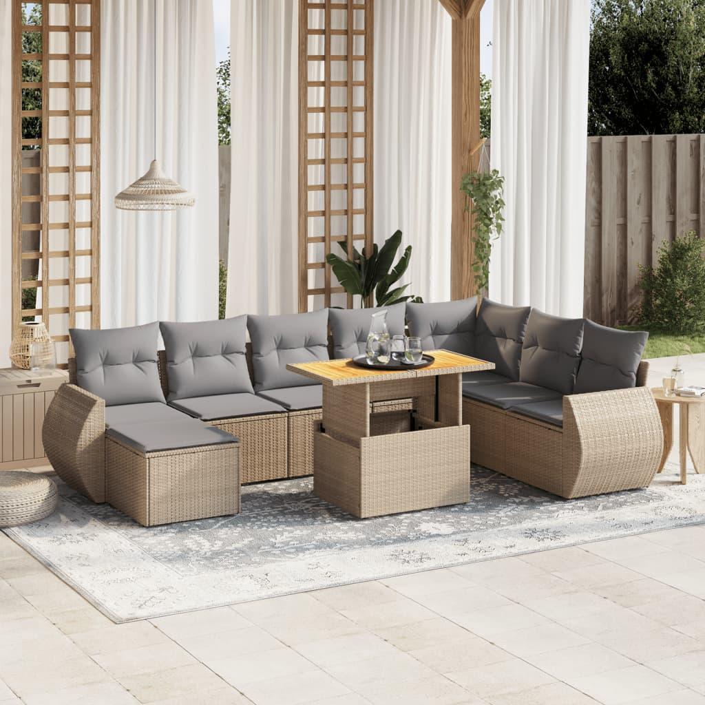 Havesofasæt 9 dele med hynder og hæve-sænke bord i polyrattan - beige Havesofasæt 9 dele med hynder og hæve-sænke bord i polyrattan - beige