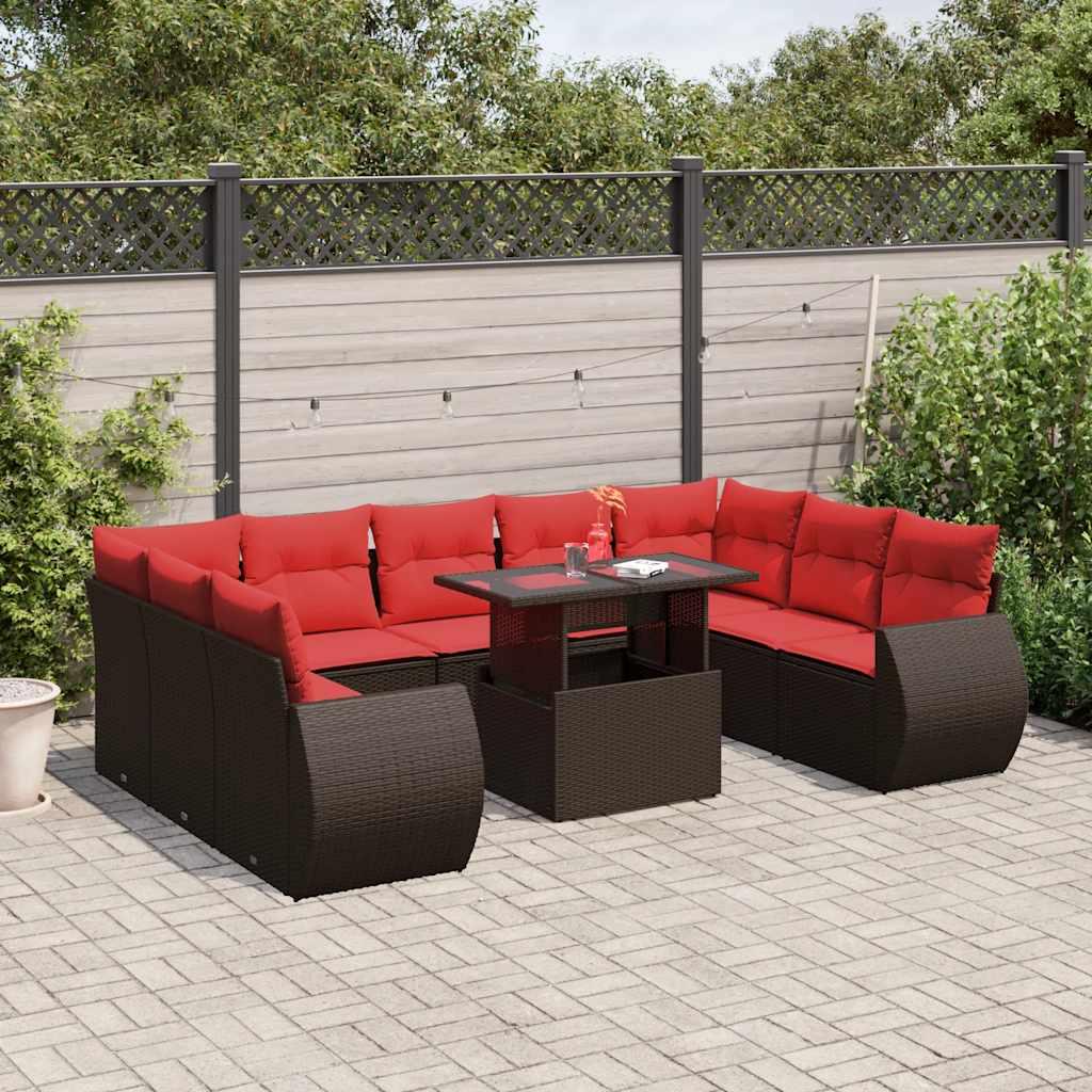 Havesofasæt i brun polyrattan med 10 røde hynder - modulopbygget hjørnesæt med løftbart bord Havesofasæt i brun polyrattan med 10 røde hynder - modulopbygget hjørnesæt med løftbart bord
