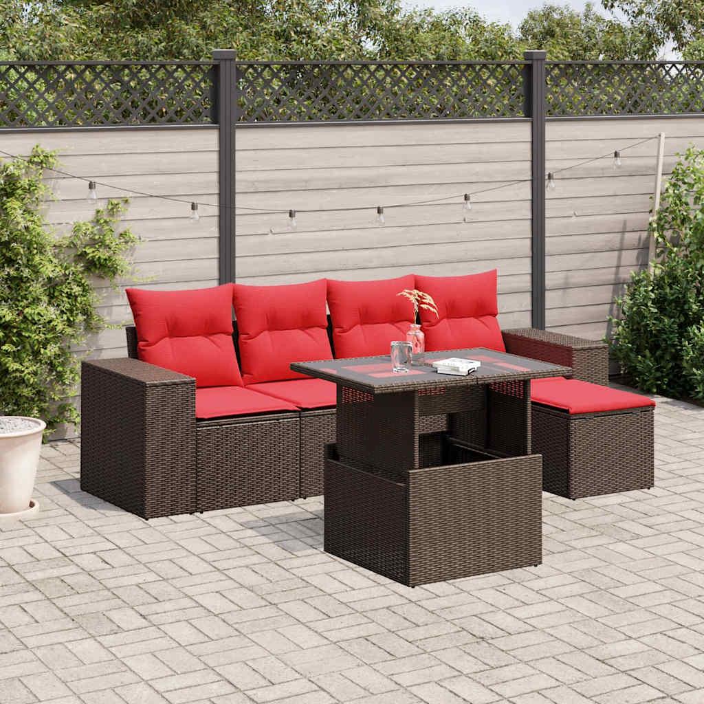 Havesofasæt i brun polyrattan med 6 røde hynder og løftbart bord Havesofasæt i brun polyrattan med 6 røde hynder og løftbart bord