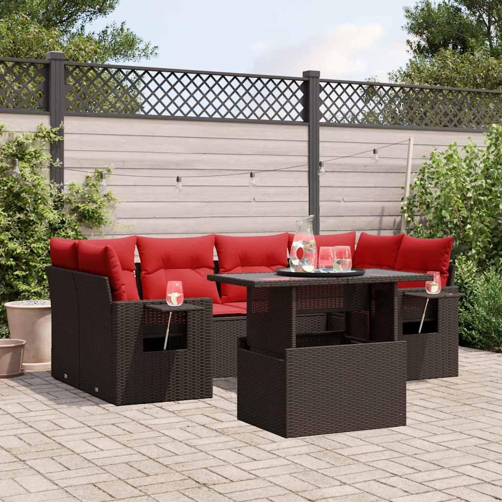 Havesofasæt i brun polyrattan med justerbart bord - 7 røde hynder Havesofasæt i brun polyrattan med justerbart bord - 7 røde hynder