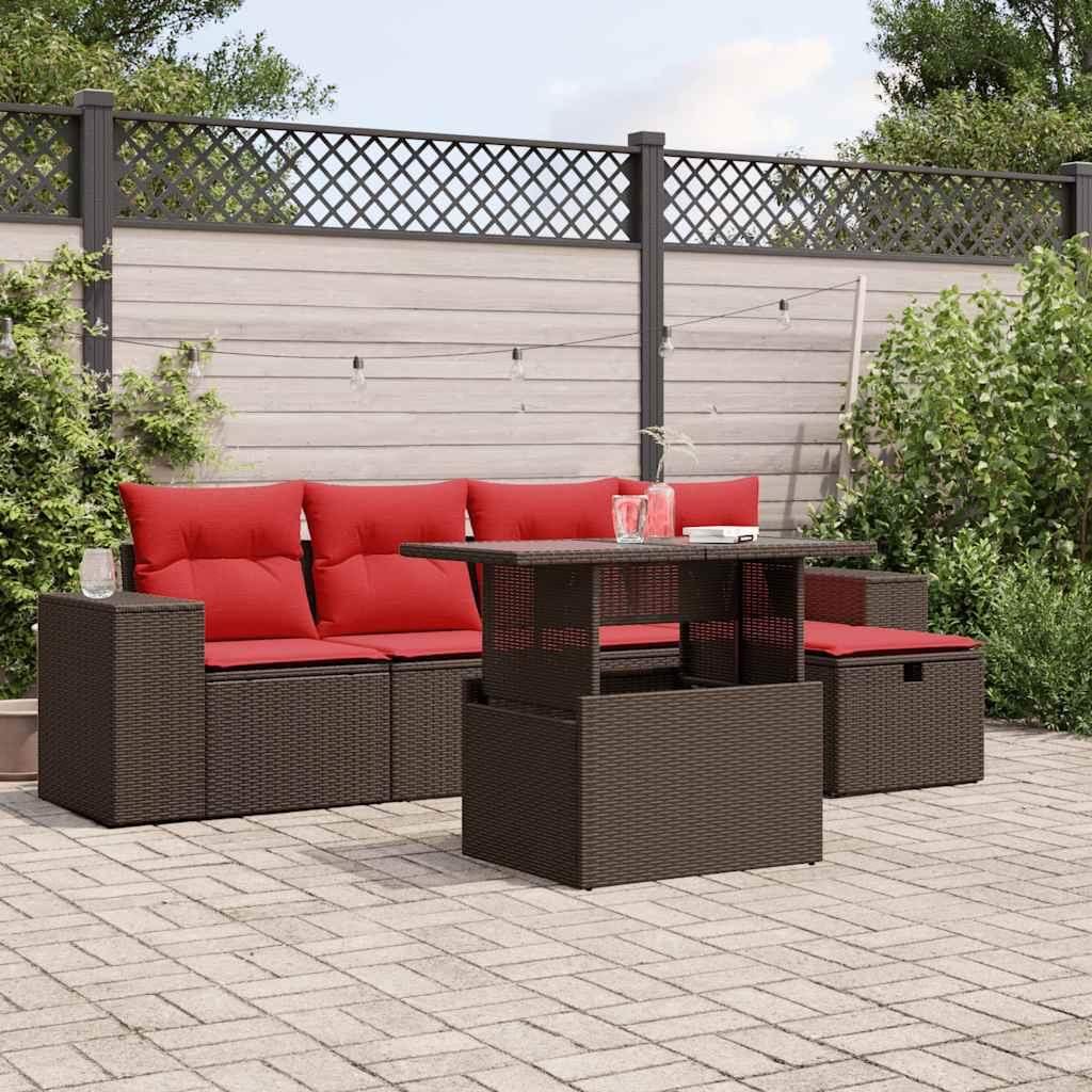 Havesofasæt i brun polyrattan med løftbart bord og 6 røde hynder Havesofasæt i brun polyrattan med løftbart bord og 6 røde hynder