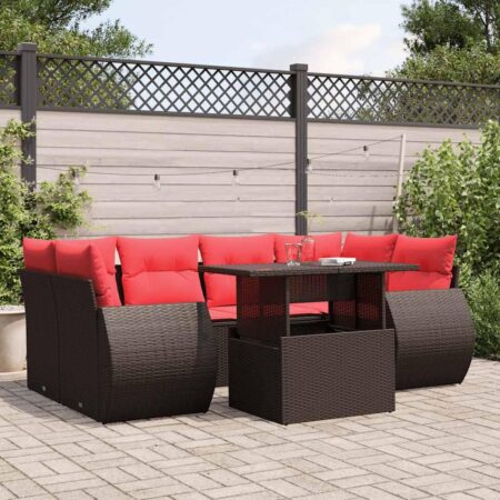Havesofasæt i brun polyrattan med røde hynder - justerbart bord, 7 hynder