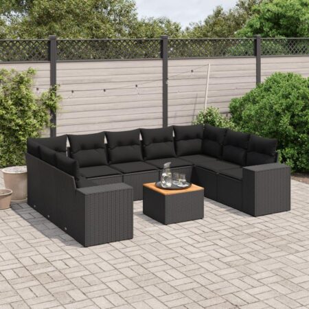 Havesofasæt i polyrattan 10 dele med hynder og bord - sort