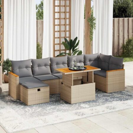Havesofasæt i polyrattan 5 dele med hynder og hæve-sænke bord - beige