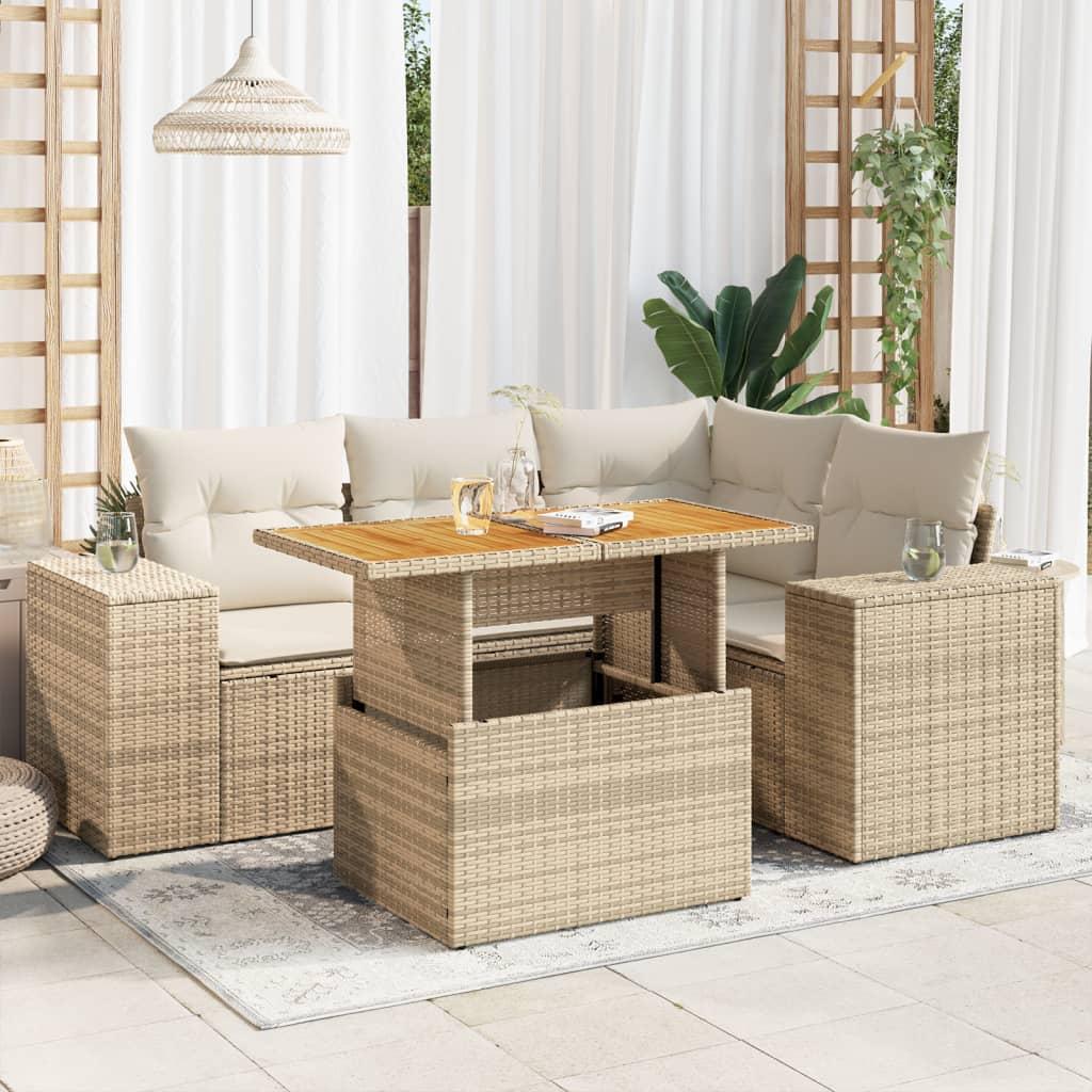 Havesofasæt i polyrattan 5 dele med hynder og hæve-sænke-bord beige Havesofasæt i polyrattan 5 dele med hynder og hæve-sænke-bord beige