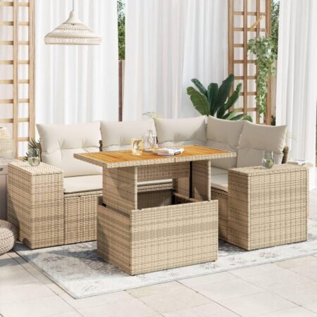 Havesofasæt i polyrattan 5 dele med hynder og hæve-sænke-bord beige