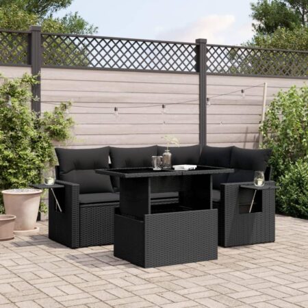 Havesofasæt i polyrattan 5 dele med hynder og hæve-sænke-bord - sort
