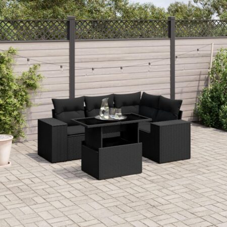 Havesofasæt i polyrattan 5 dele med hynder og højdejusterbart bord - sort