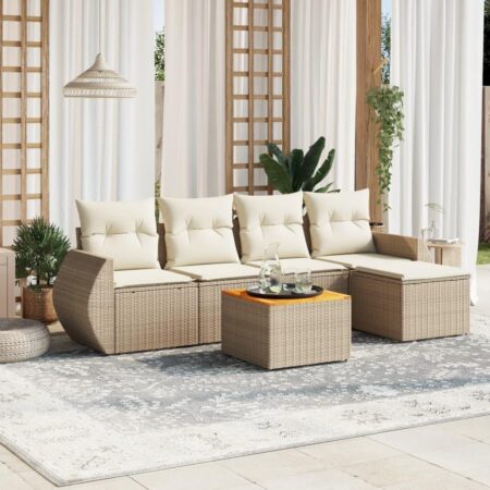 Havesofasæt i polyrattan 6 dele med hynder og bord - beige