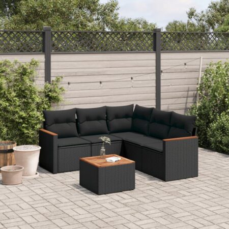 Havesofasæt i polyrattan 6 dele med hynder og bord - sort
