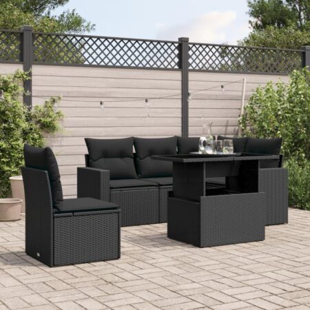 Havesofasæt i polyrattan 6 dele med hynder og højdejusterbart bord - sort