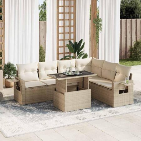 Havesofasæt i polyrattan 7 dele med hynder og bord, beige