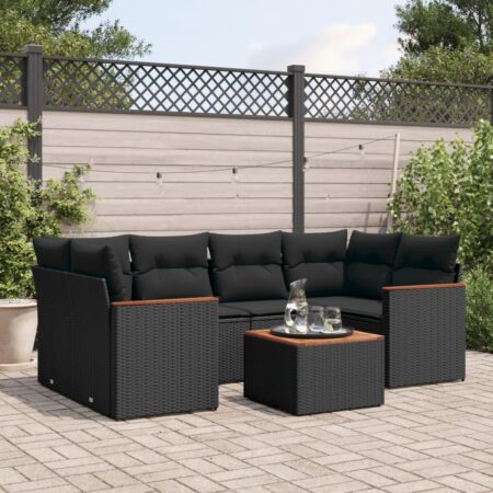 Havesofasæt i polyrattan 7 dele med hynder og bord - sort