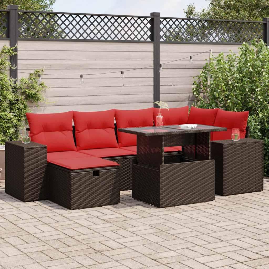 Havesofasæt i polyrattan, 7 dele med røde hynder - sort/brun akcent og hæve/sænke-bord Havesofasæt i polyrattan, 7 dele med røde hynder - sort/brun akcent og hæve/sænke-bord