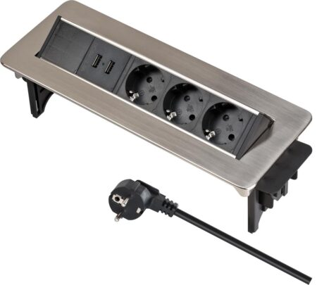 Indesk Power indbygningsstikdåse til skrivebord med 3 stikkontakter og 2 USB