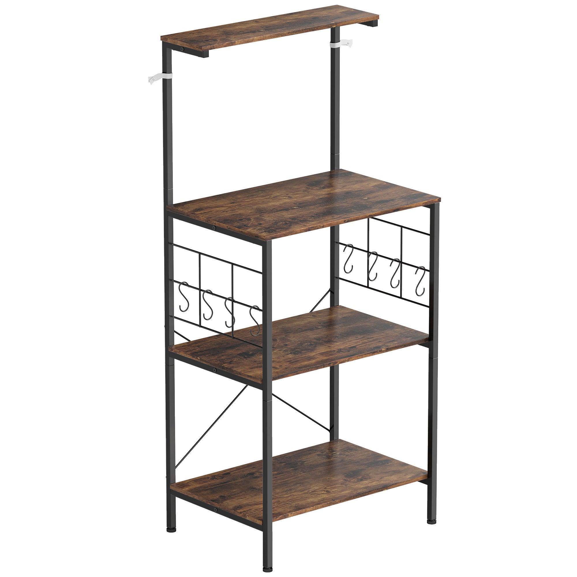 Køkkenhylde, 4-etagers design, bordplade, 8 kroge, metalrør, brun+sort