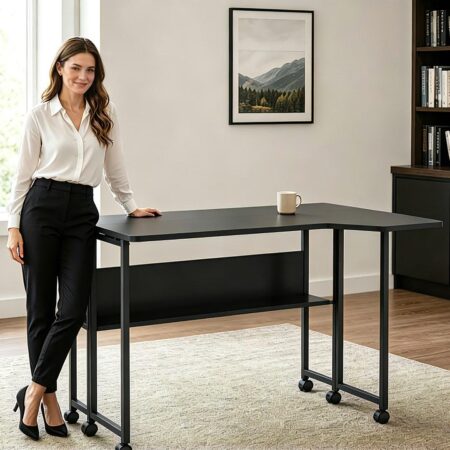 Maclean MC-126 L/B sammenklappeligt L-formet skrivebord på hjul 100 x 73 cm sort