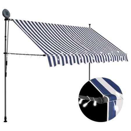 Markise med LED-lys - manuel udtræk 250 cm, blå/hvid