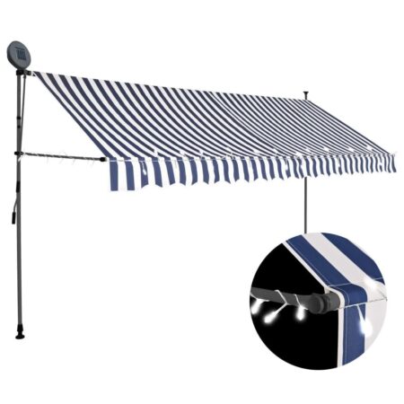 Markise med LED-lys - manuel udtræk 350 cm, blå/hvid