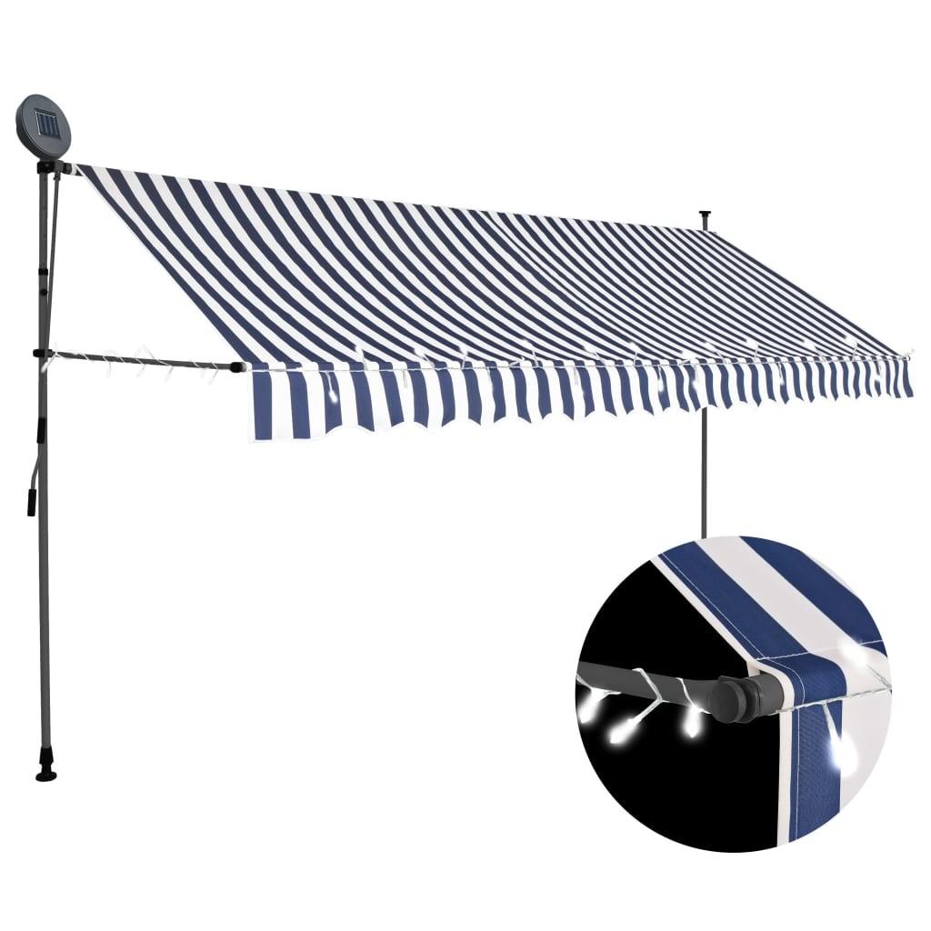 Markise med LED-lys - manuel udtræk 350 cm, blå/hvid Markise med LED-lys - manuel udtræk 350 cm, blå/hvid