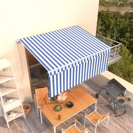 Markise med gardin 3 × 2,5 m - manuel udtræk, blå/hvid
