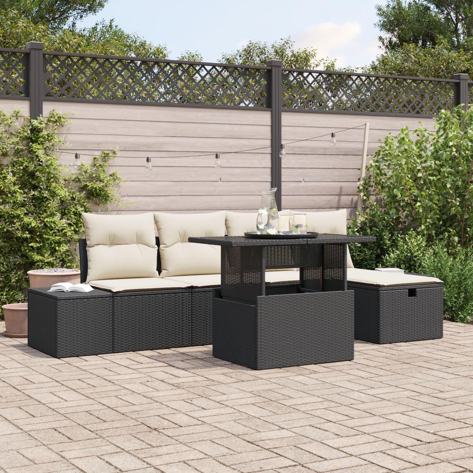Modulært havesofa-sæt i sort polyrattan - 6 dele med højdejusterbart bord Modulært havesofa-sæt i sort polyrattan - 6 dele med højdejusterbart bord