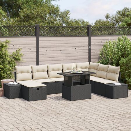 Modulært havesofa sæt i sort polyrattan - 9 dele med højdejusterbart bord
