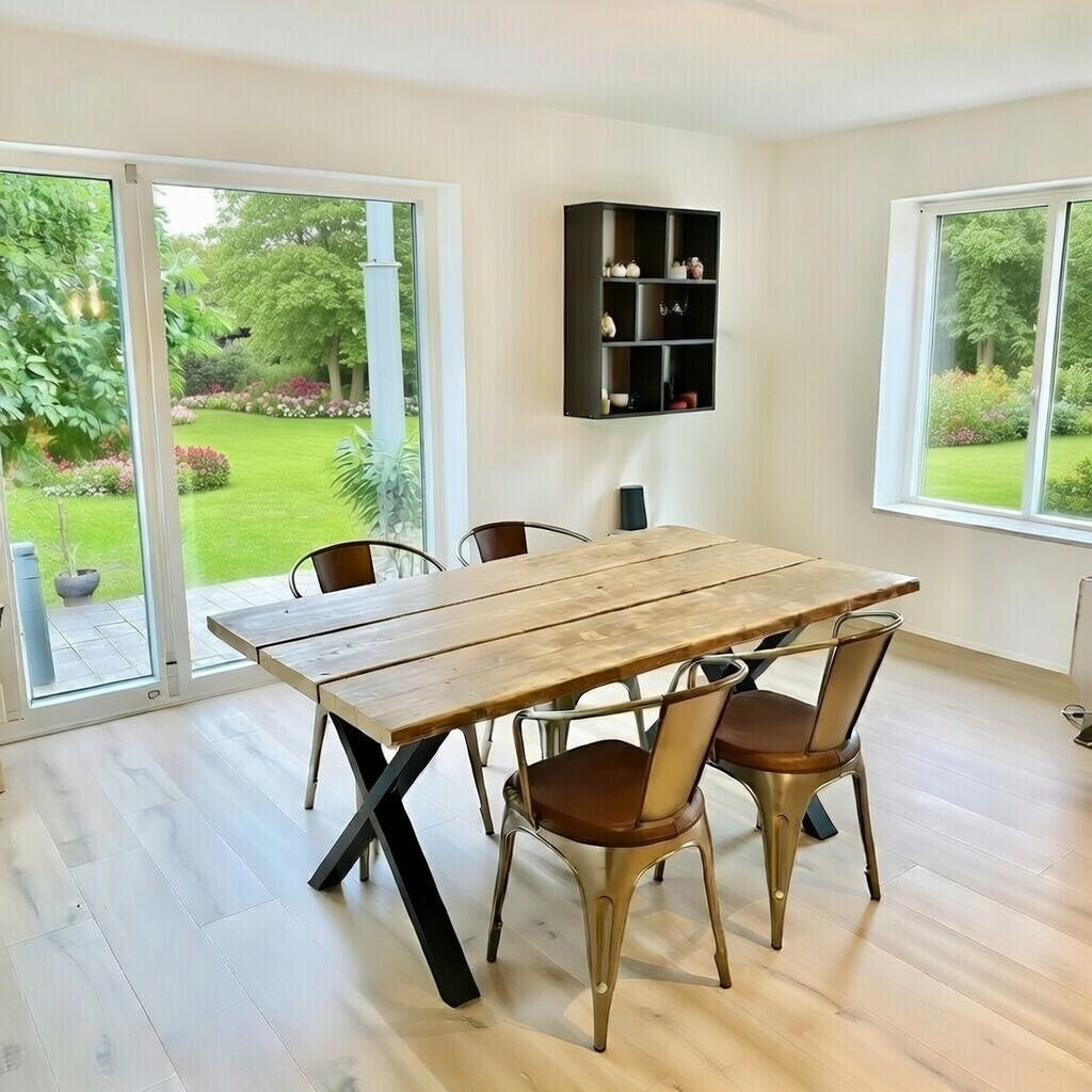 Plankebord af Genbrugsplanker | X-Stel | 140 cm / Brændt og Lakeret Plankebord af Genbrugsplanker | X-Stel | 140 cm / Brændt og Lakeret