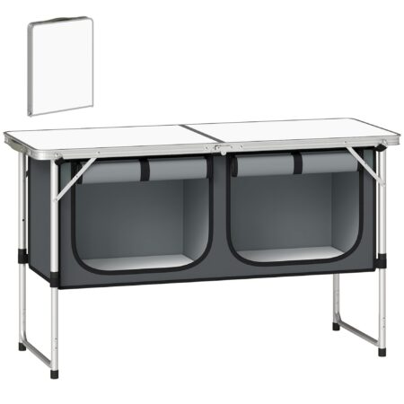 Sammenklappeligt campingkøkkenskab med aluminiumsramme, opbevaringsrum og bordplade til campingture, sølv