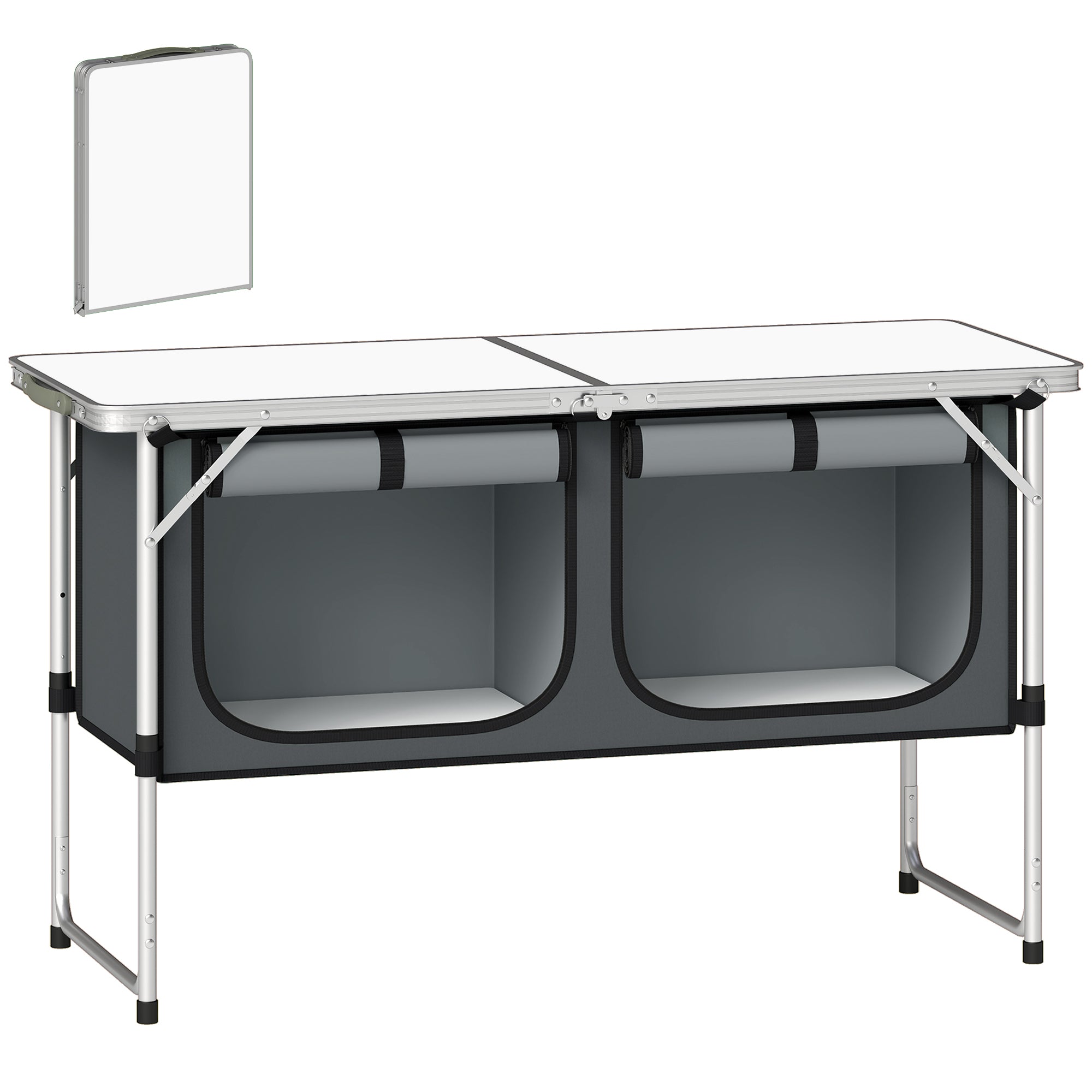 Sammenklappeligt campingkøkkenskab med aluminiumsramme, opbevaringsrum og bordplade til campingture, sølv Sammenklappeligt campingkøkkenskab med aluminiumsramme, opbevaringsrum og bordplade til campingture, sølv